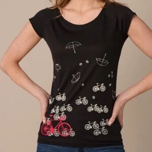 Black Bamboo Bike Umbrella Print Black Sleeveless Top Casual Comfy T-Shirt